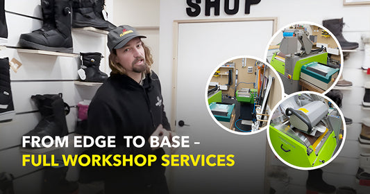 Boardstore staff member in workshop with snowboard boots and tuning equipment, offering full snowboard and wakeboard workshop services.