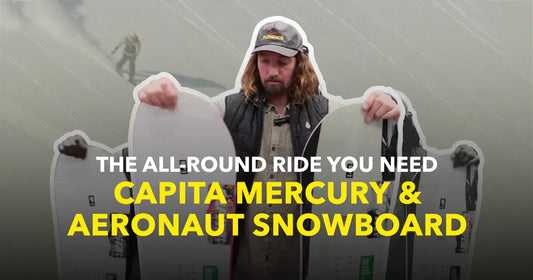 Man holding Capita Mercury and Aeronaut snowboards with mountain background, snowboard gear promo