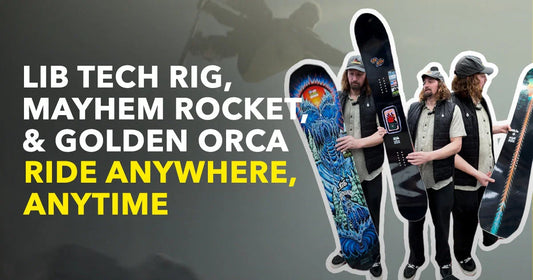 Man holding Lib Tech Rig, Mayhem Rocket, and Golden Orca snowboards for Welcome Boardstore promotion