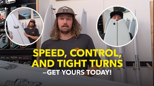 Man in surf shop showcasing surfboards, with text 'Speed, control, and tight turns—get yours today!'