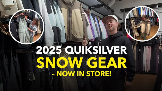Quiksilver 2025 snow gear jackets and pants on display at Welcome Boardstore