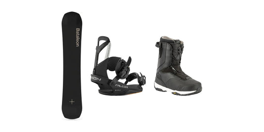 Bataleon Goliath+ snowboard with Union Falcor bindings and Nitro Venture Pro TLS boots, a matched stiff-flex setup