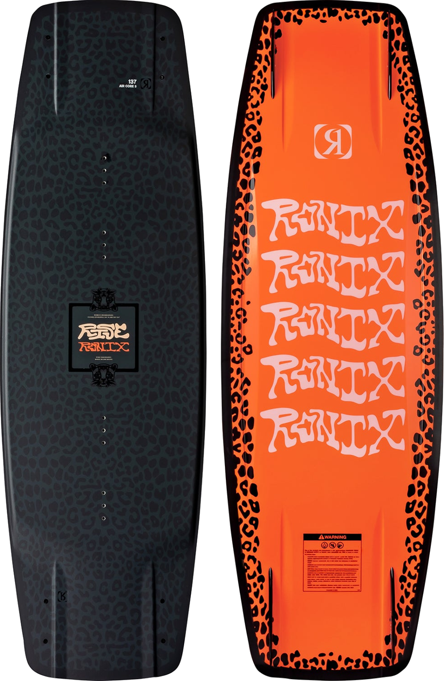 Top and bottom views of a wakeboard board. The top sheet is bright orange with black leopard print borders and large white 'Rinix' logos.