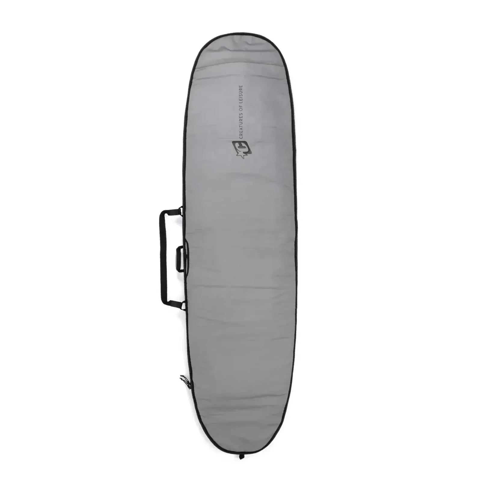 Grey surfboard bag with black trim and handle, Creatures of Leisure branding, on white background