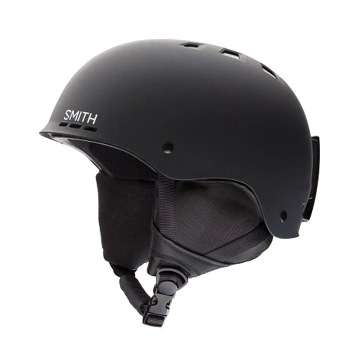 Black Smith snow sports helmet with ear protection and adjustable chin strap