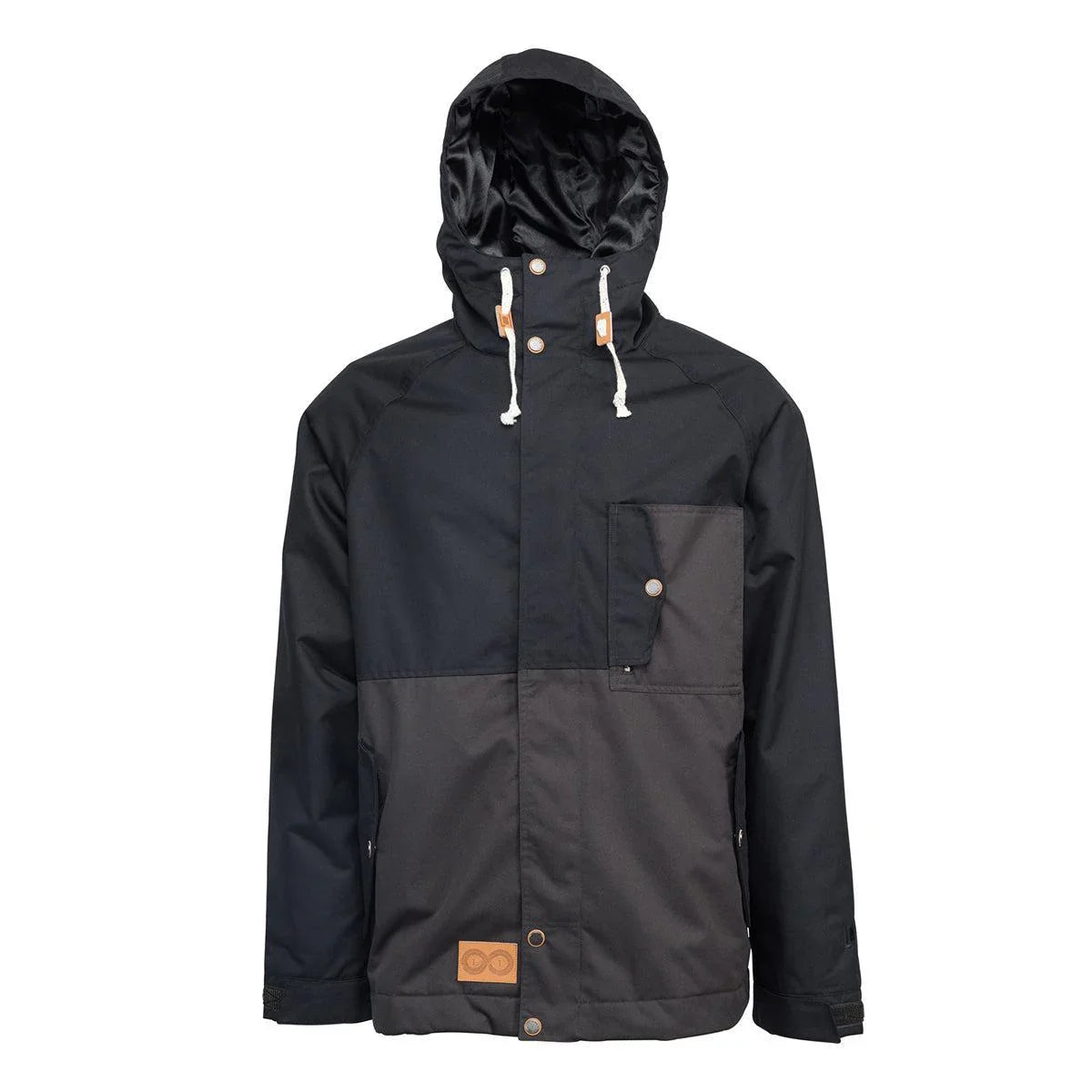 Men's black and grey hooded snow jacket with front pocket, ideal for snowboard and surf wear