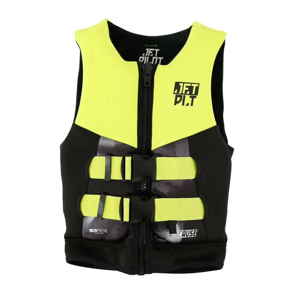 Jetpilot neoprene wakeboard vest in yellow and black with front buckles, available at Welcome Boardstore