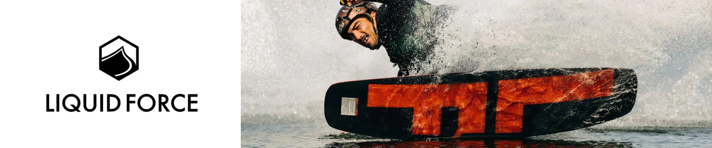 Liquid Force wakeboarding logo and athlete riding wakeboard on water splash
