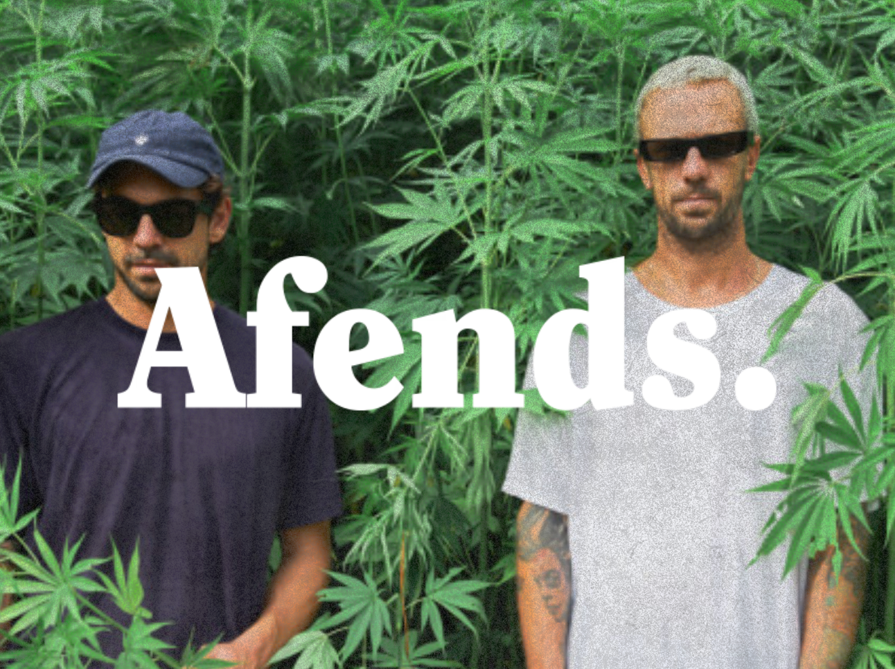 Two men in sunglasses standing in tall green plants, Afends logo overlaid, surf and skate style
