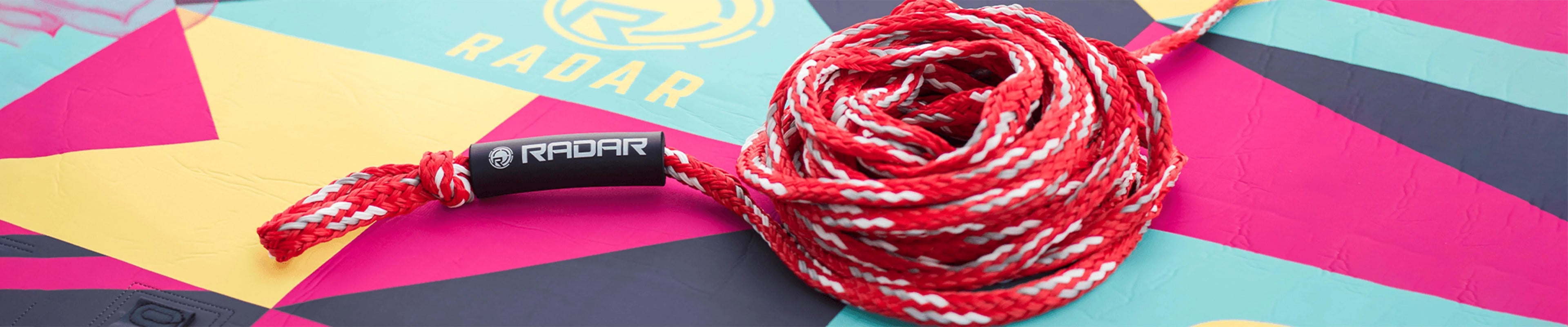 Red and white Radar tow rope on colorful wakeboard, wakeboard accessories Australia