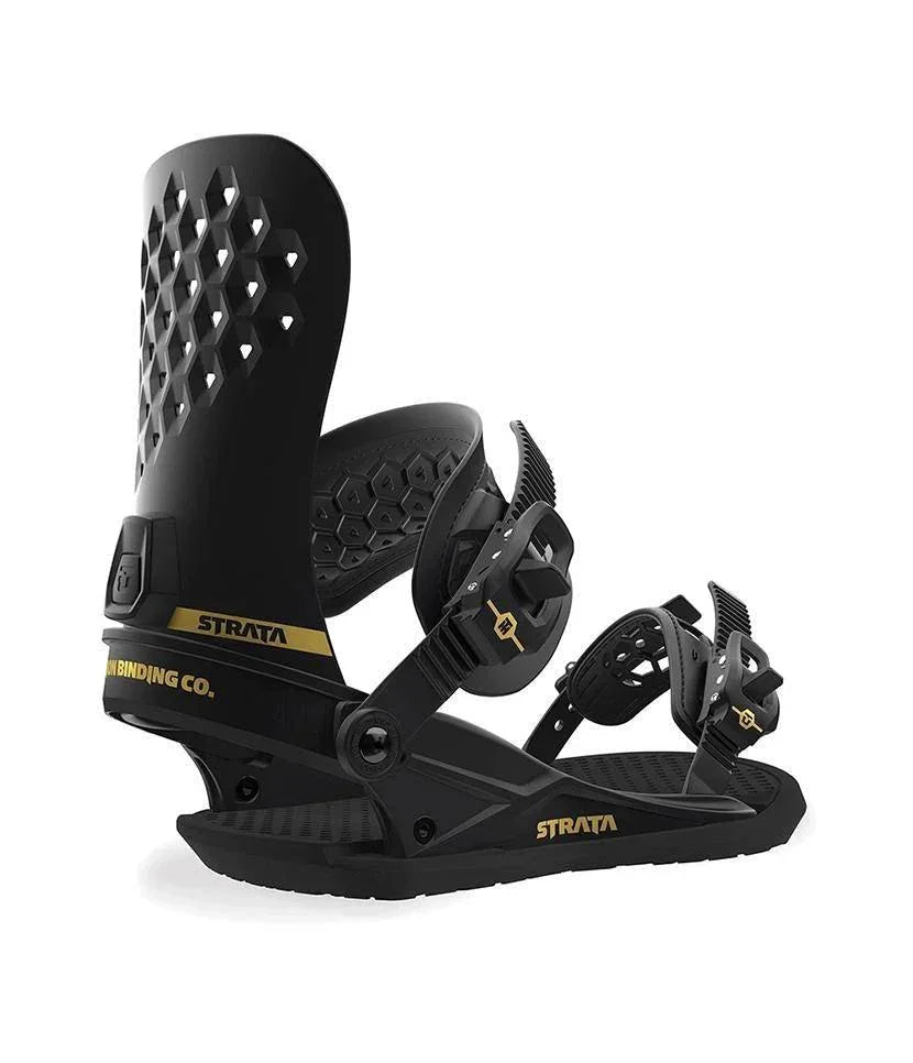 Black Strata snowboard binding with gold accents, hexagonal pattern, for snowboarding equipment.