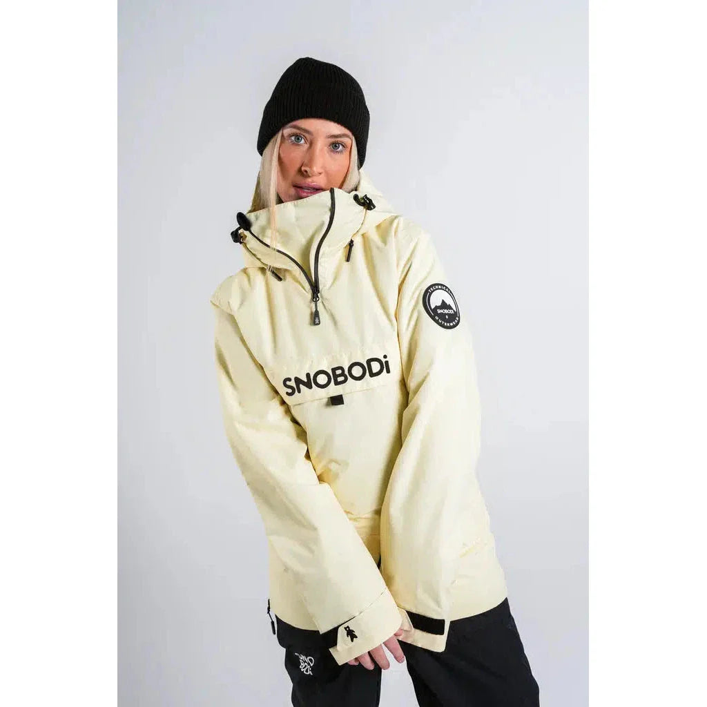 Australian woman wearing a white Snow Jacket
