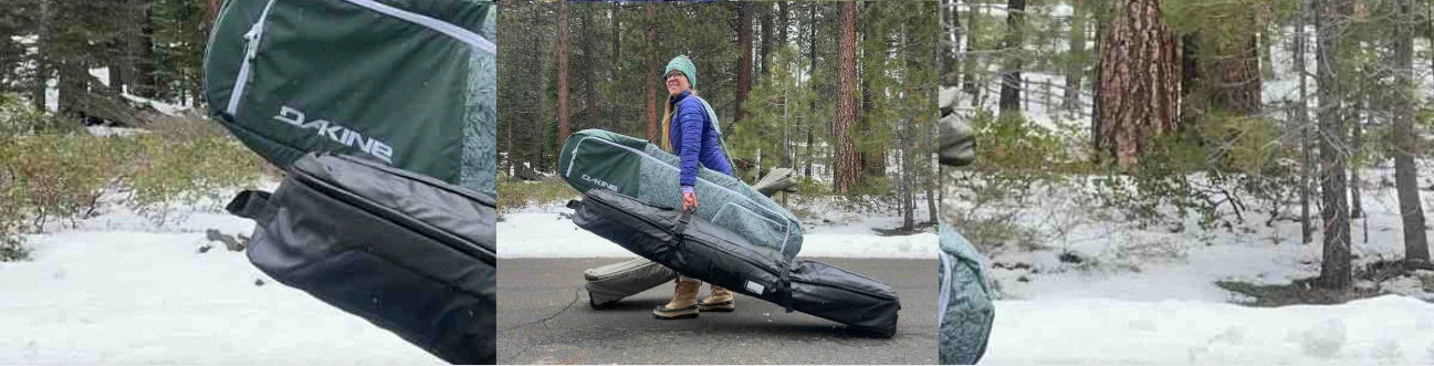 Person in winter gear carrying snowboarding and surfing board bags in snowy forest setting