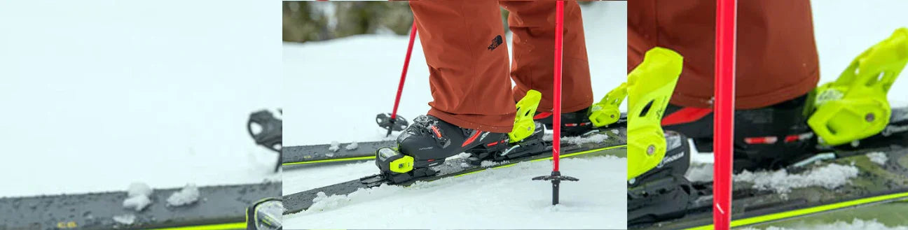 Close-up of snowboard boots in bindings on snow with ski poles, snowboarding gear equipment