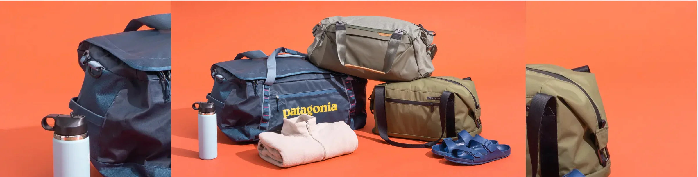 Patagonia and Waterfield duffel bags, sandals, towel, and water bottles on orange background.