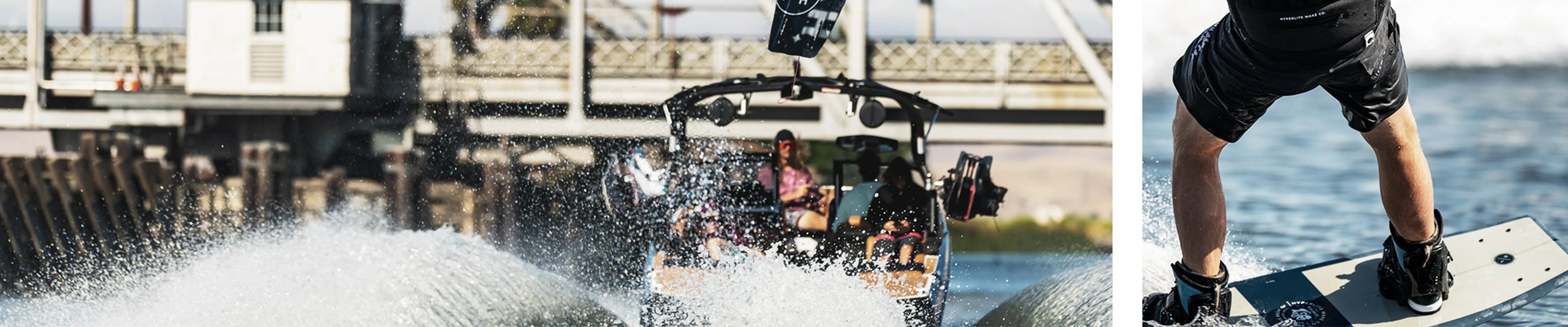 Wakeboarder riding on water near boat, showcasing wakeboarding gear and water sports essentials
