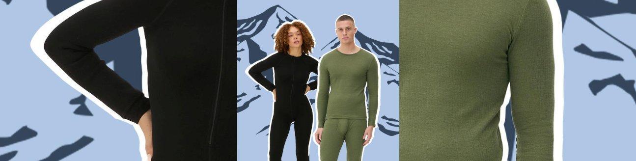 Men's and women's base layer clothing for snowboarding in front of mountain graphic
