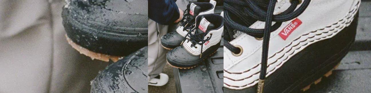 Vans après snow boots with black and white waterproof design on wet outdoor surface