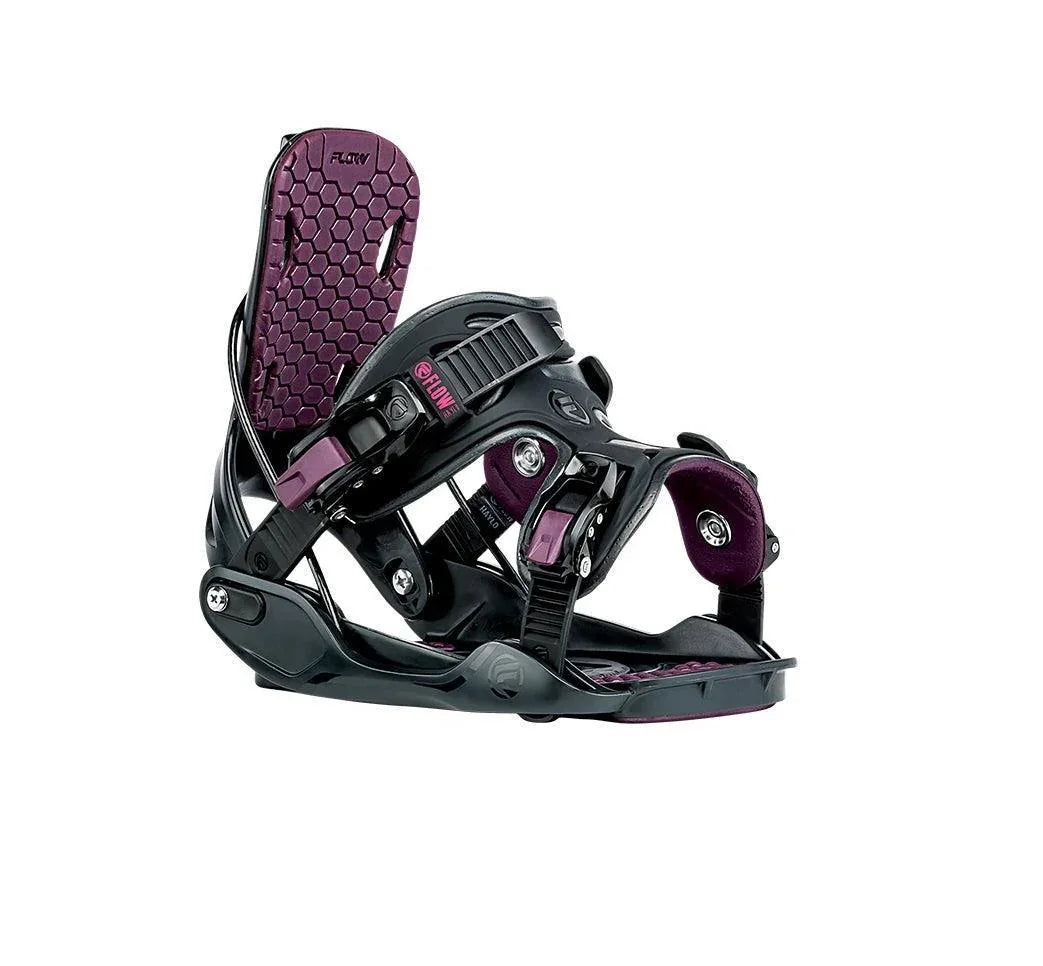 Flow Haylo charcoal snowboard binding with purple padding, shown in three-quarter view