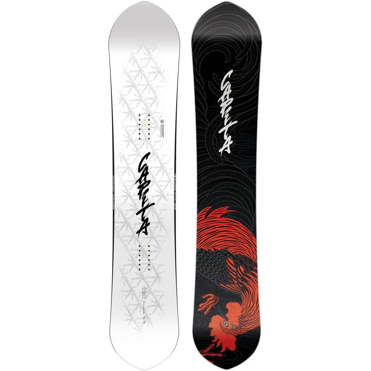 2027 Capita Kazu Kokubo Pro Snowboard. Two snowboards, one white with geometric patterns and the other black with red and white designs, on a white background.