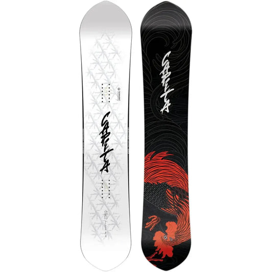 2027 Capita Kazu Kokubo Pro Snowboard. Two snowboards, one white with geometric patterns and the other black with red and white designs, on a white background.