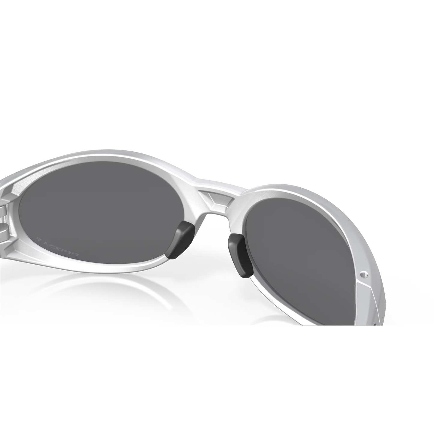 Silver sunglasses with dark lenses on a white background