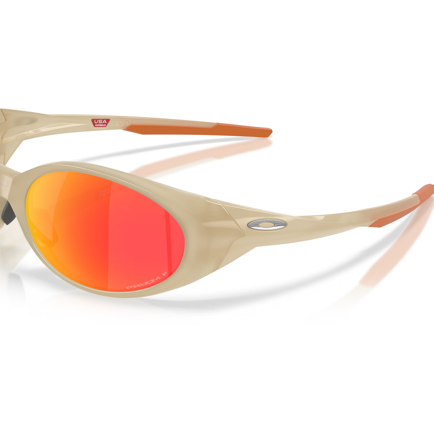 Beige sunglasses with orange-red lenses on a transparent background