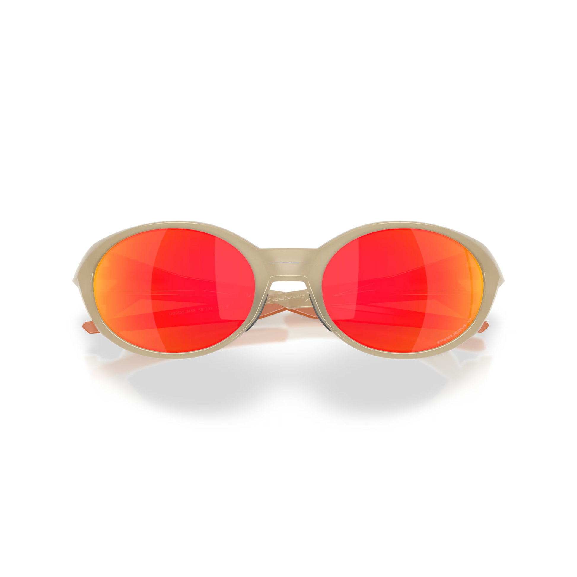 Sunglasses with red lenses and beige frames on a white background