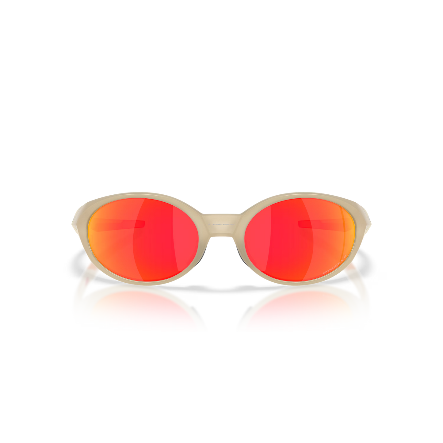 Sunglasses with red lenses and beige frame on a reflective surface