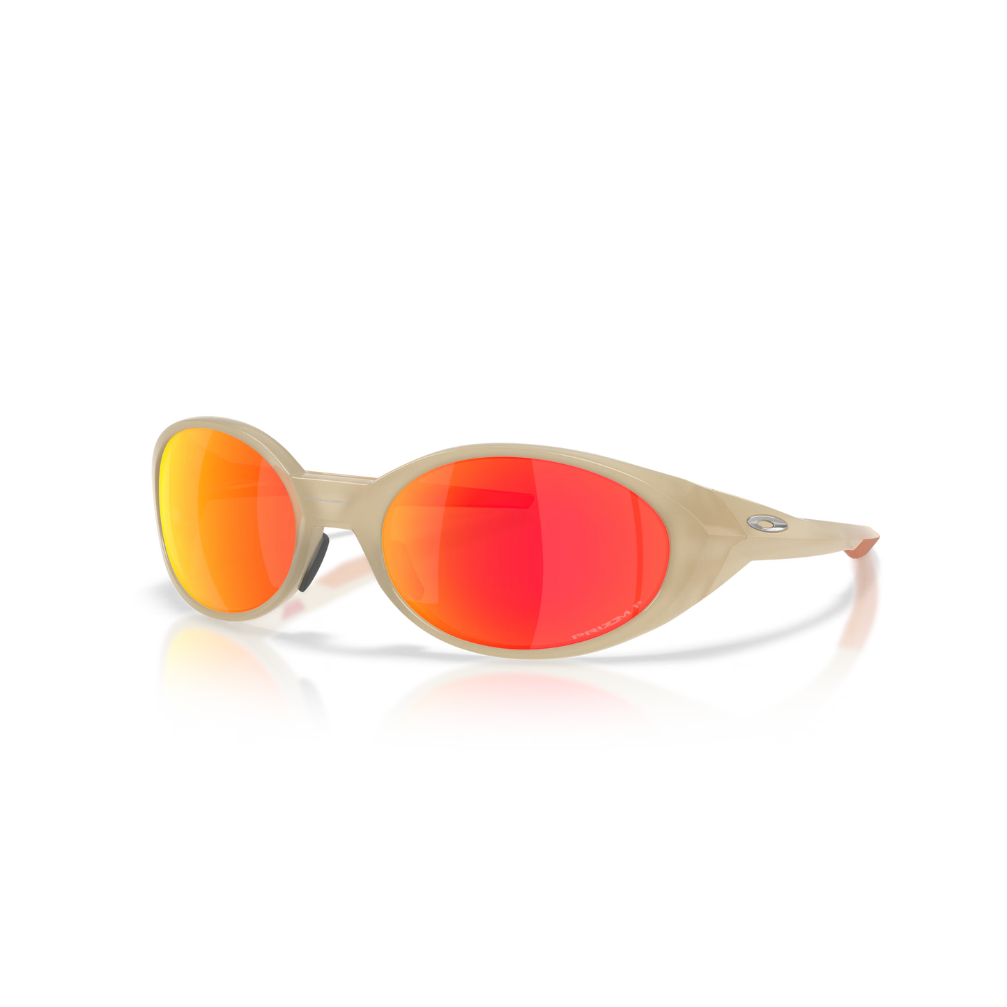 Beige sunglasses with red lenses on a white background