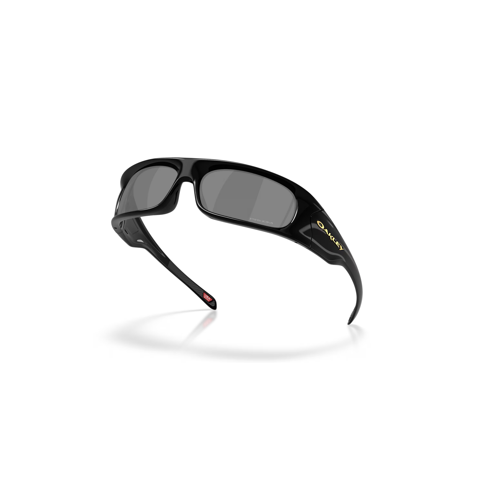 Black sunglasses with a reflective surface on a clear background