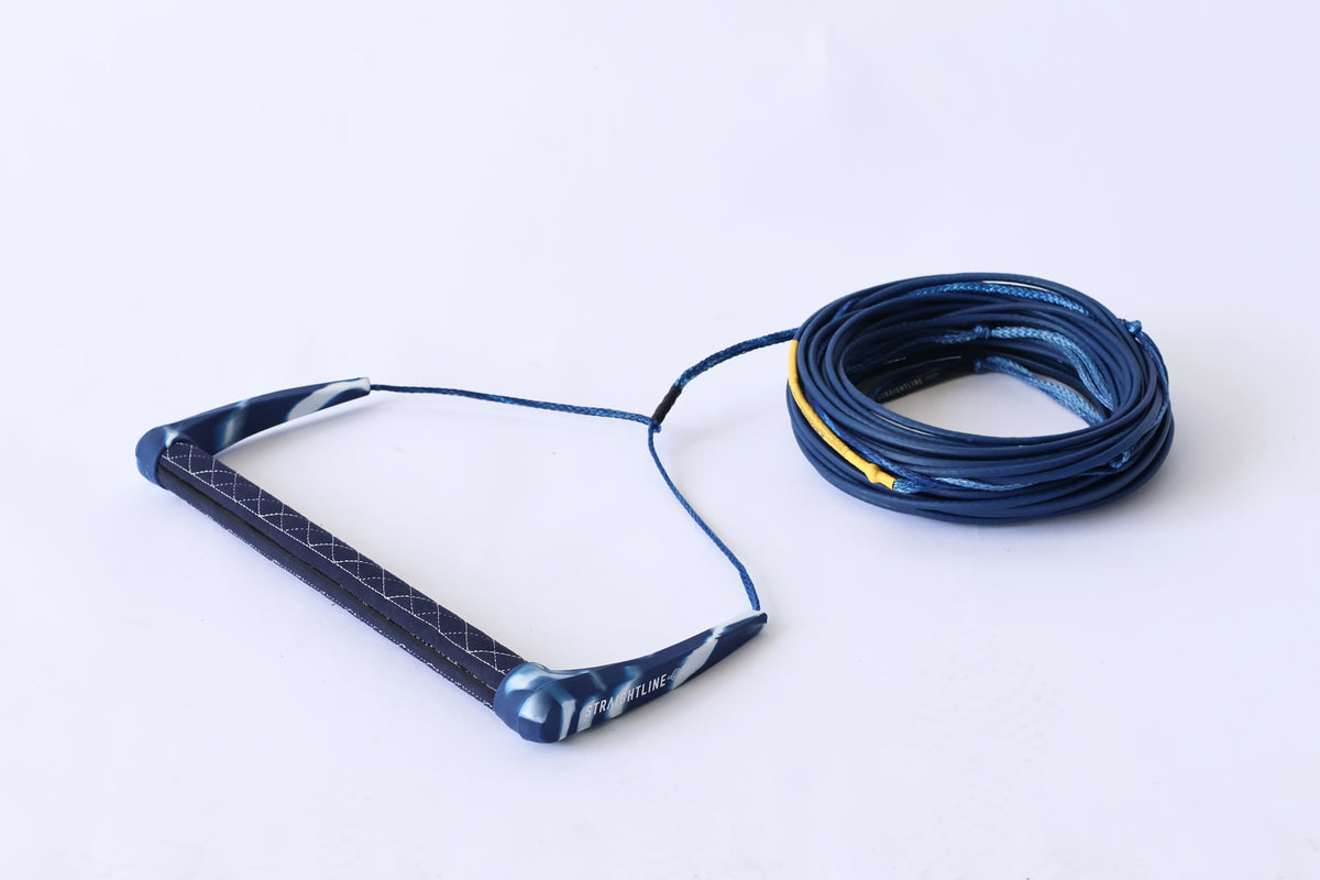 2027 Straightline Raw Wakeboard Rope Package Navy — angled view of bar and grip
