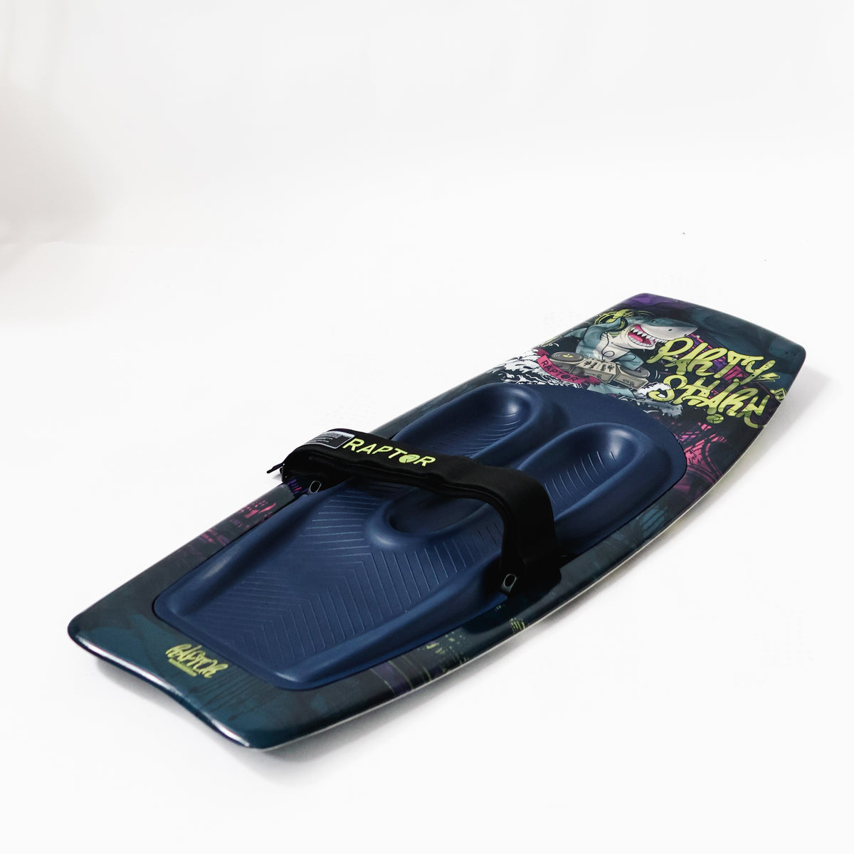 2027 Raptor Party Shark Kneeboard Navy — angled view showing swallow tail