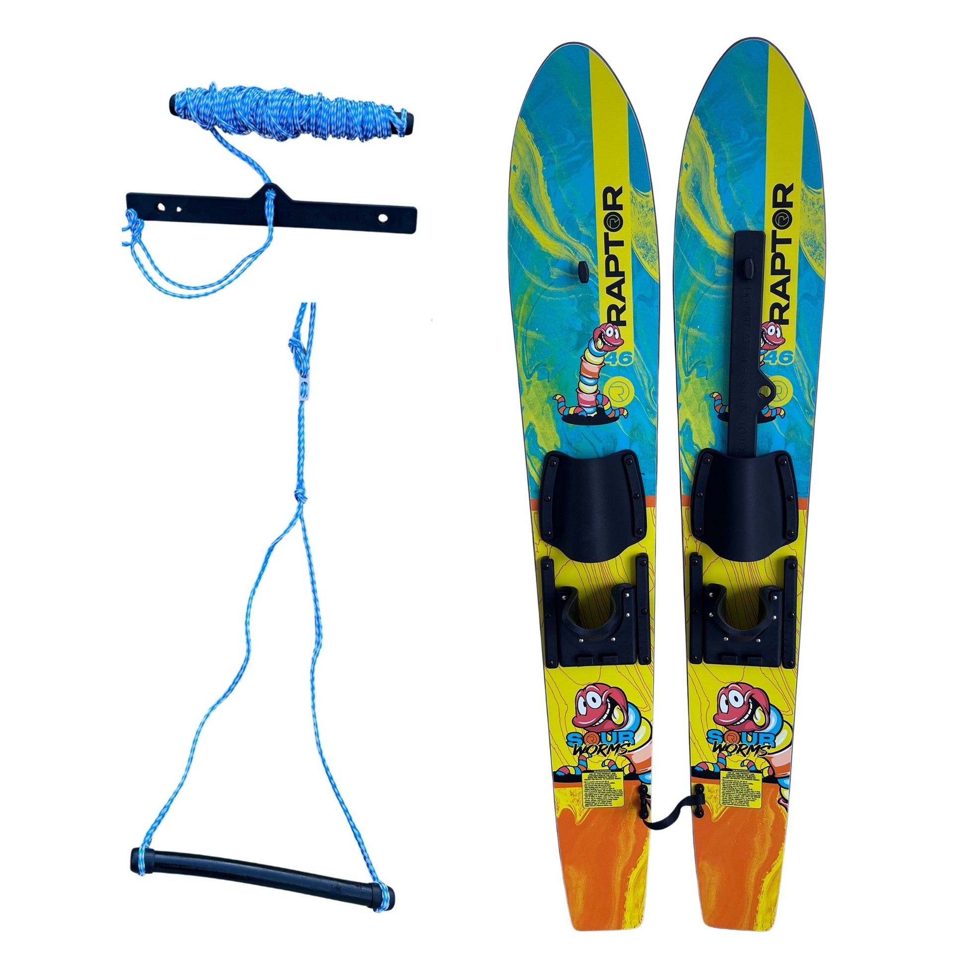 2027 Raptor Sour Worms Trainer Water Skis — skis, trainer bar and handle