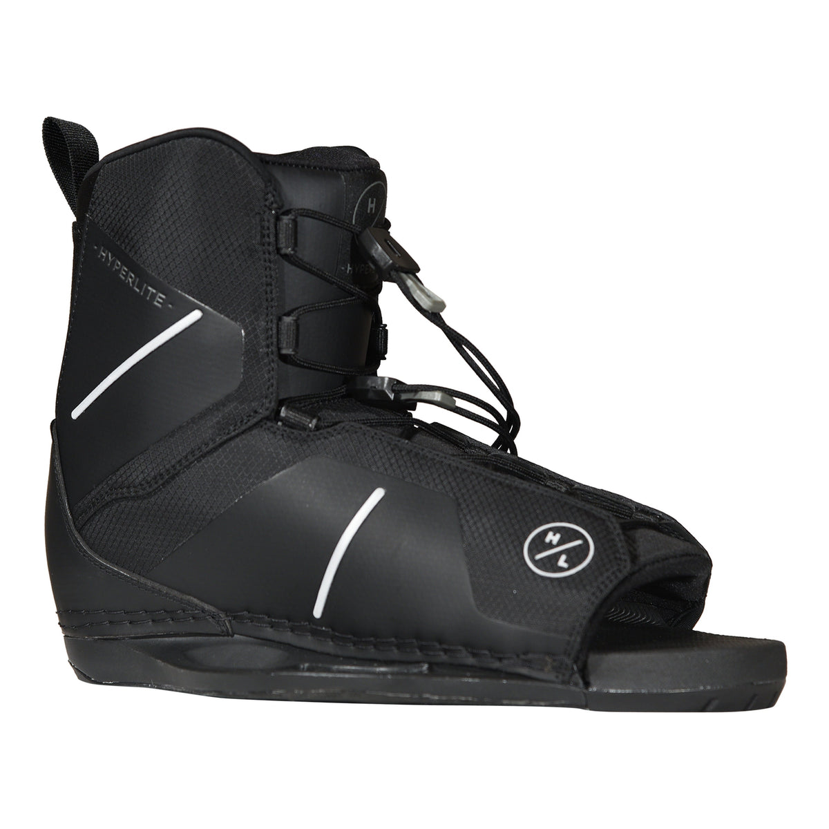 2027 Hyperlite Remix Wakeboard Boots black — inside profile showing the open toe and dual lace zones