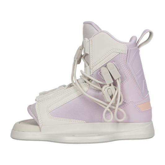 2027 Liquid Force Plush 6R Wakeboard Binding Pink — angled view showing dual-zone lacing and stretch cuff zone