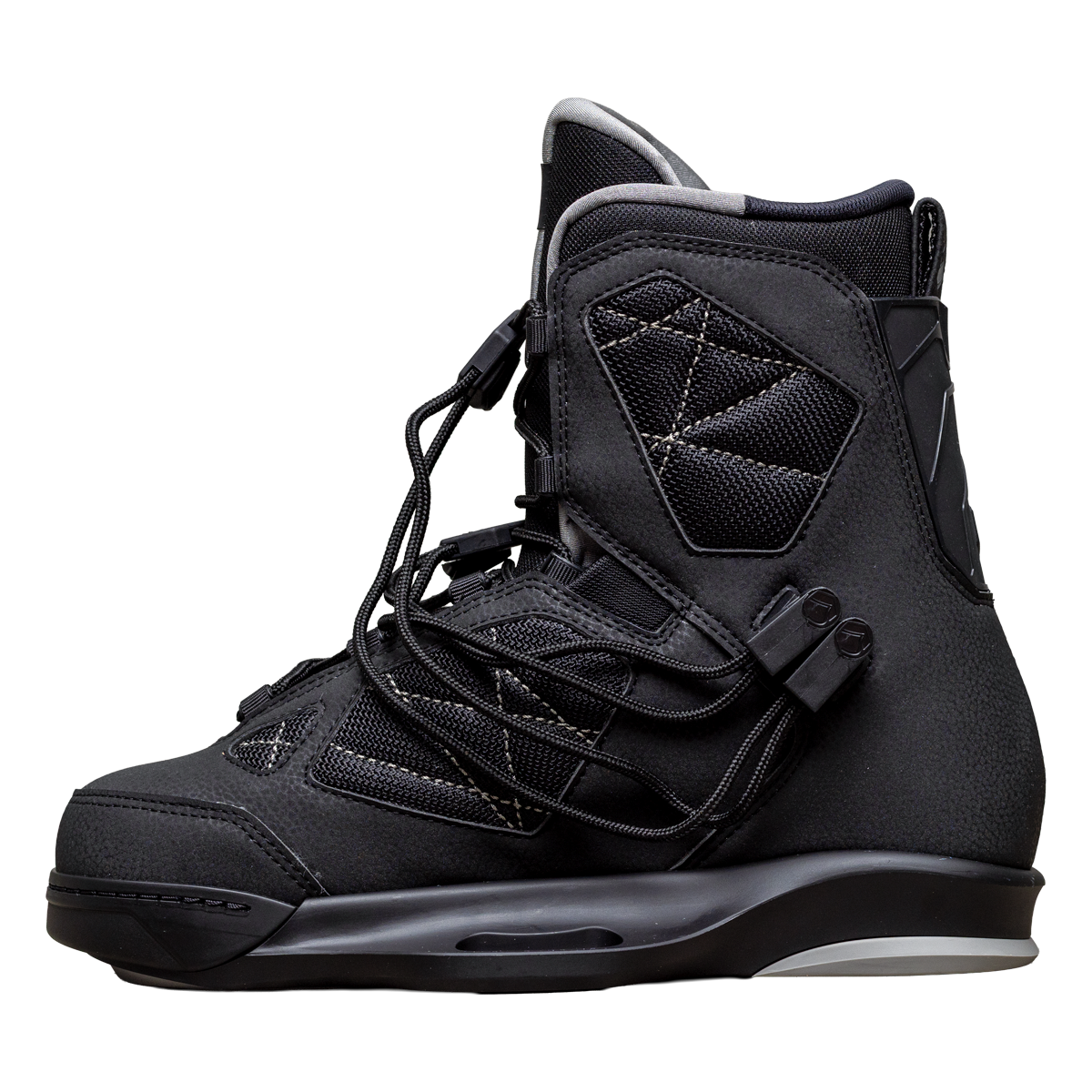 2027 Liquid Force Rival 6X Wakeboard Binding Black — angled view showing dual-zone lacing and upper cuff flex zone