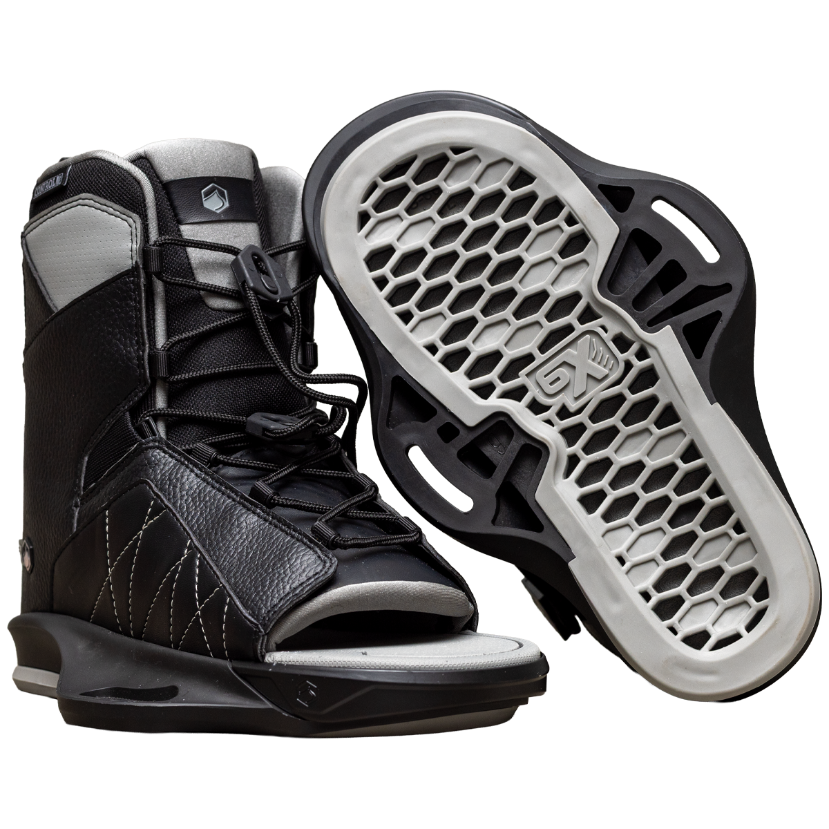 2027 Liquid Force Transit 6X Wakeboard Binding Black — pair showing Honeycomb FlexFloor and 6X chassis base
