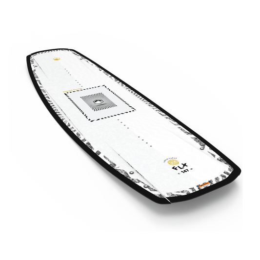 2027 Liquid Force FLX Wakeboard - angled topsheet showing beveled catch-free rails