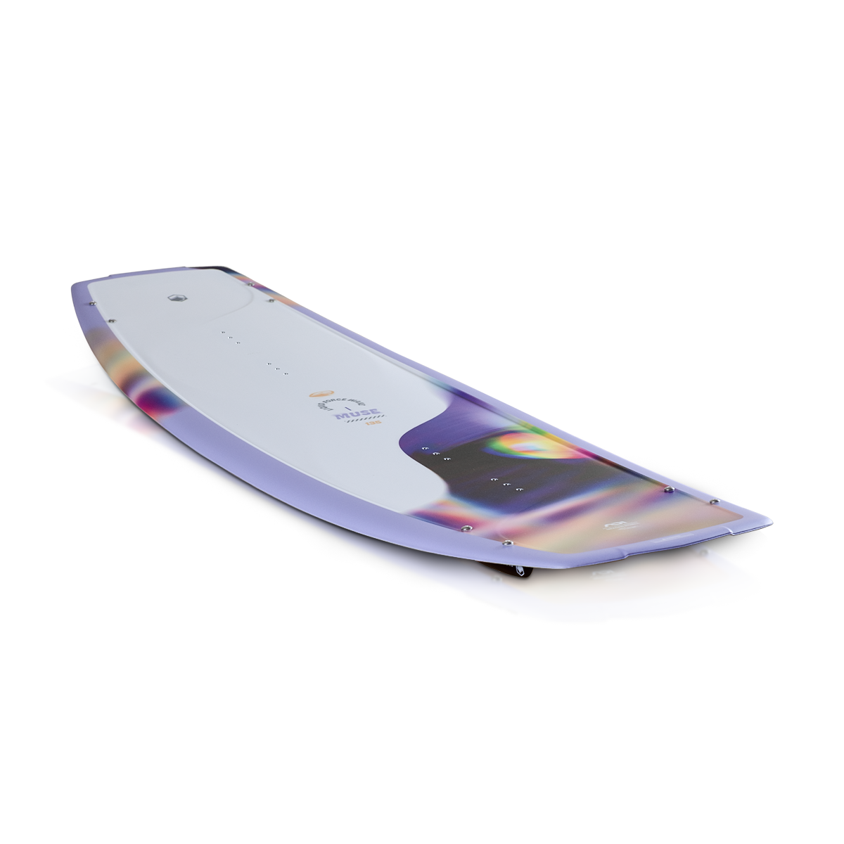 2027 Liquid Force Muse Wakeboard — angled view showing aggressive 3-stage rocker and removable AX asymmetric side fins