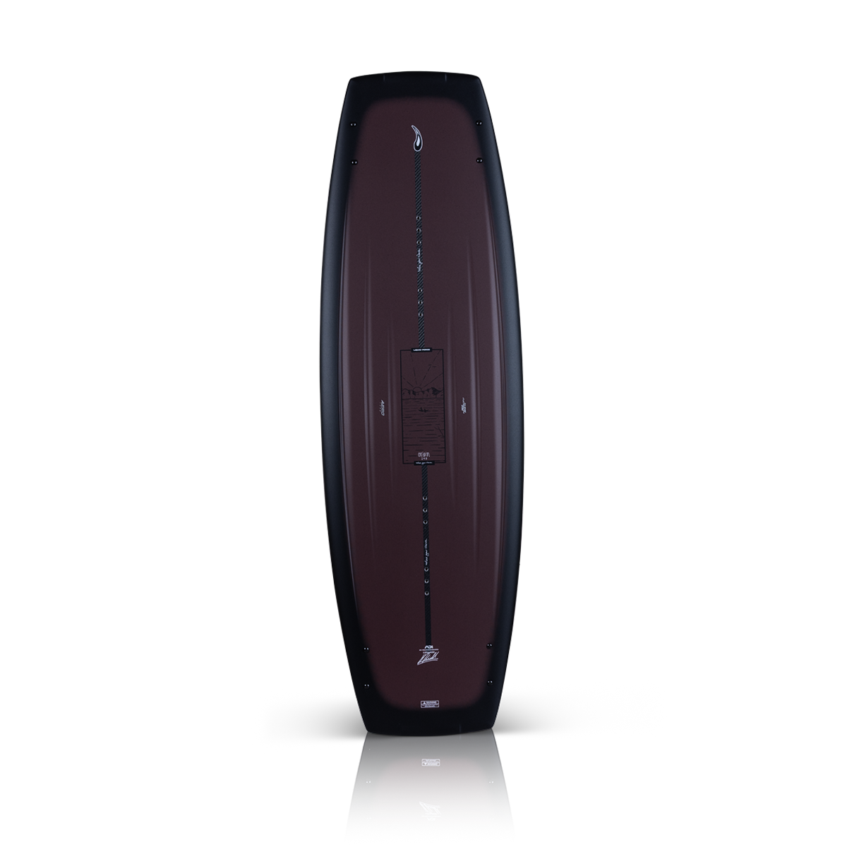 2027 Liquid Force Origin Aero Wakeboard maroon — corrugated top sheet with Luca Kidd tribute graphic