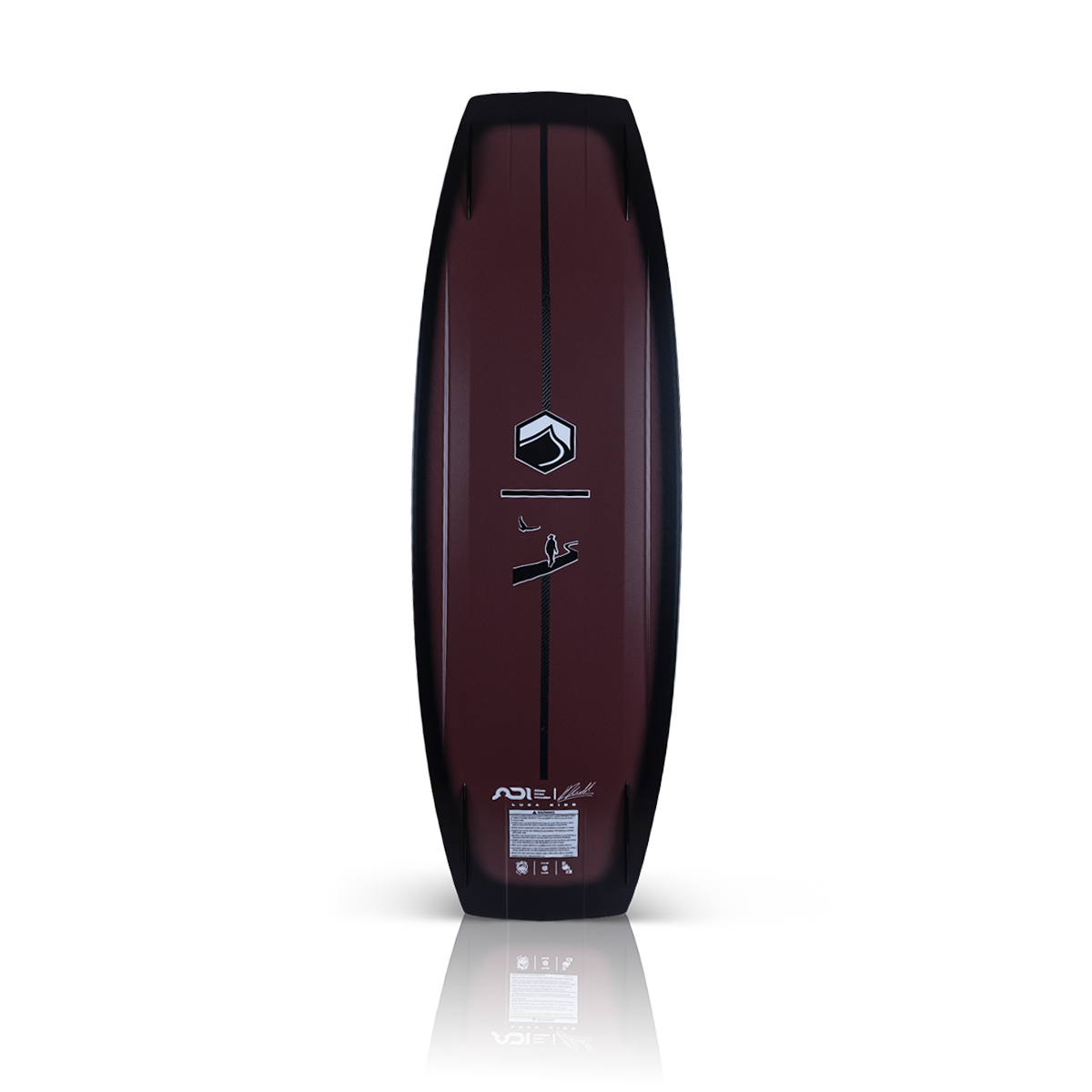 2027 Liquid Force Origin Aero Wakeboard maroon — base showing exaggerated double concave hull and centre spine