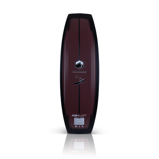 2027 Liquid Force Origin Aero Wakeboard maroon — base showing exaggerated double concave hull and centre spine