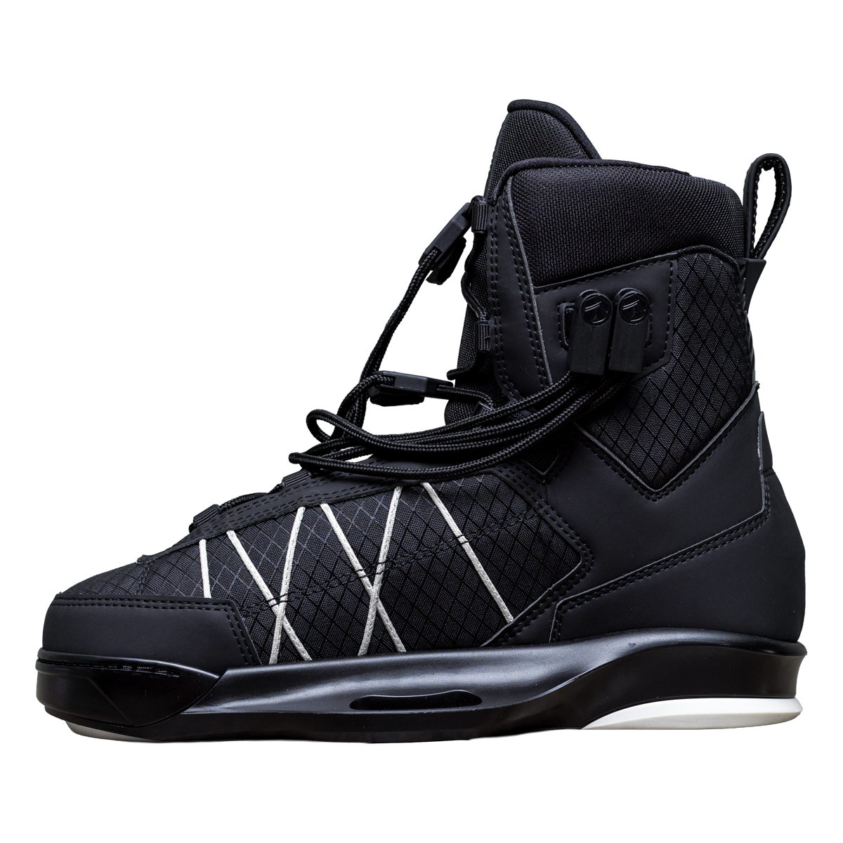2027 Liquid Force Tao 6X Wakeboard Binding Black — angled view showing dual-zone lacing and hex locks