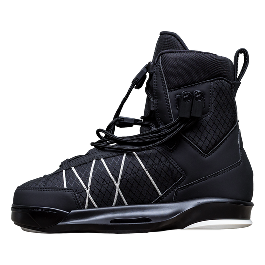 2027 Liquid Force Tao 6X Wakeboard Binding Black — angled view showing dual-zone lacing and hex locks