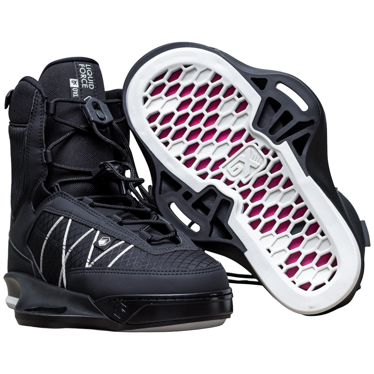 2027 Liquid Force Tao 6X Wakeboard Binding Black — pair showing Honeycomb FlexFloor and 6X chassis base