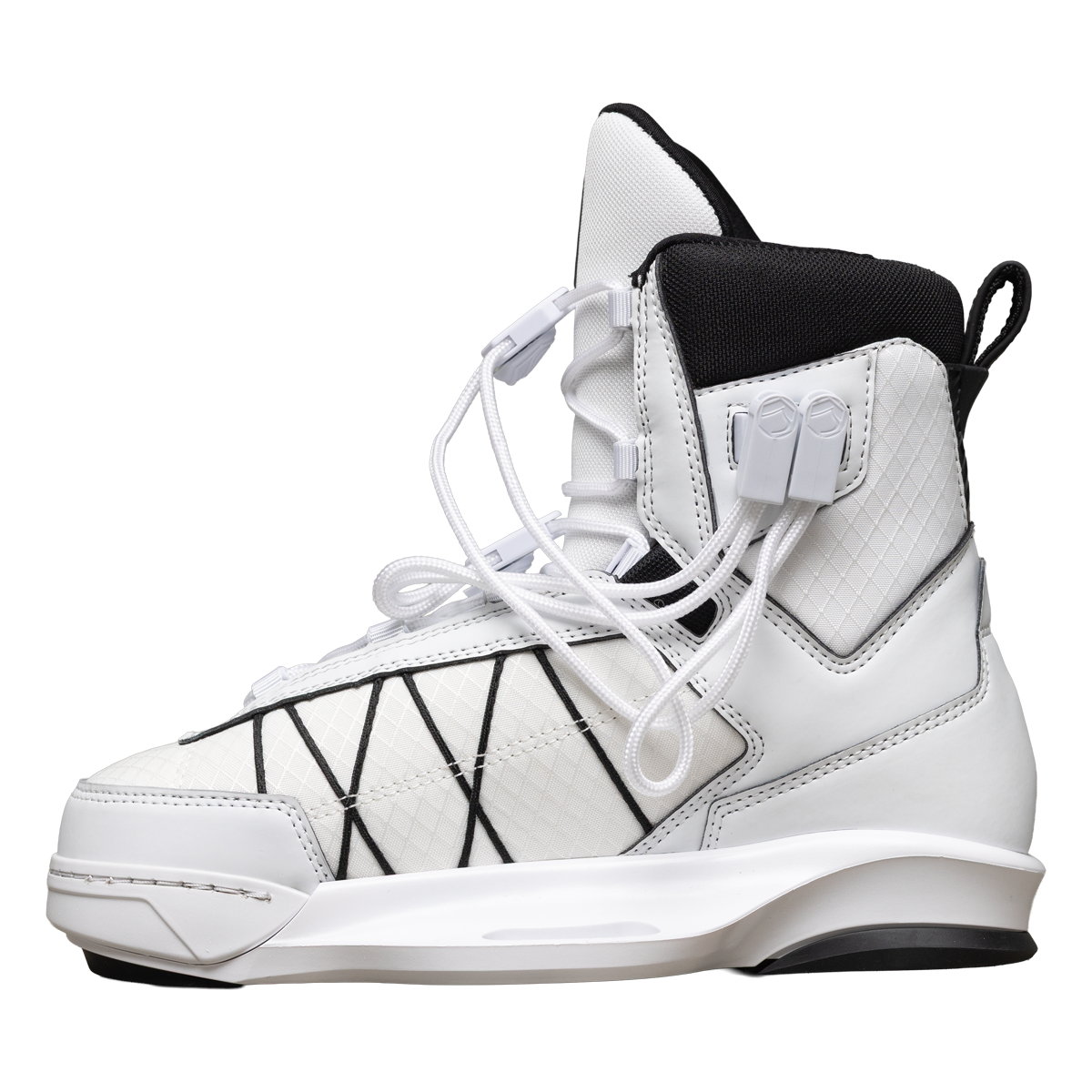 2027 Liquid Force Tao 6X Wakeboard Binding White — angled view showing dual-zone lacing and hex locks
