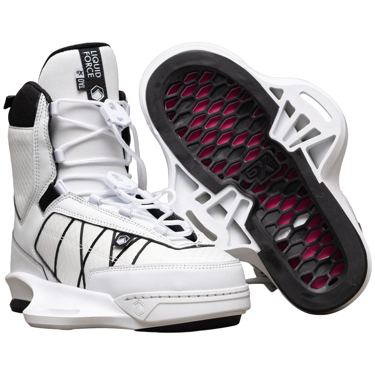 2027 Liquid Force Tao 6X Wakeboard Binding White — pair showing Honeycomb FlexFloor and 6X chassis base