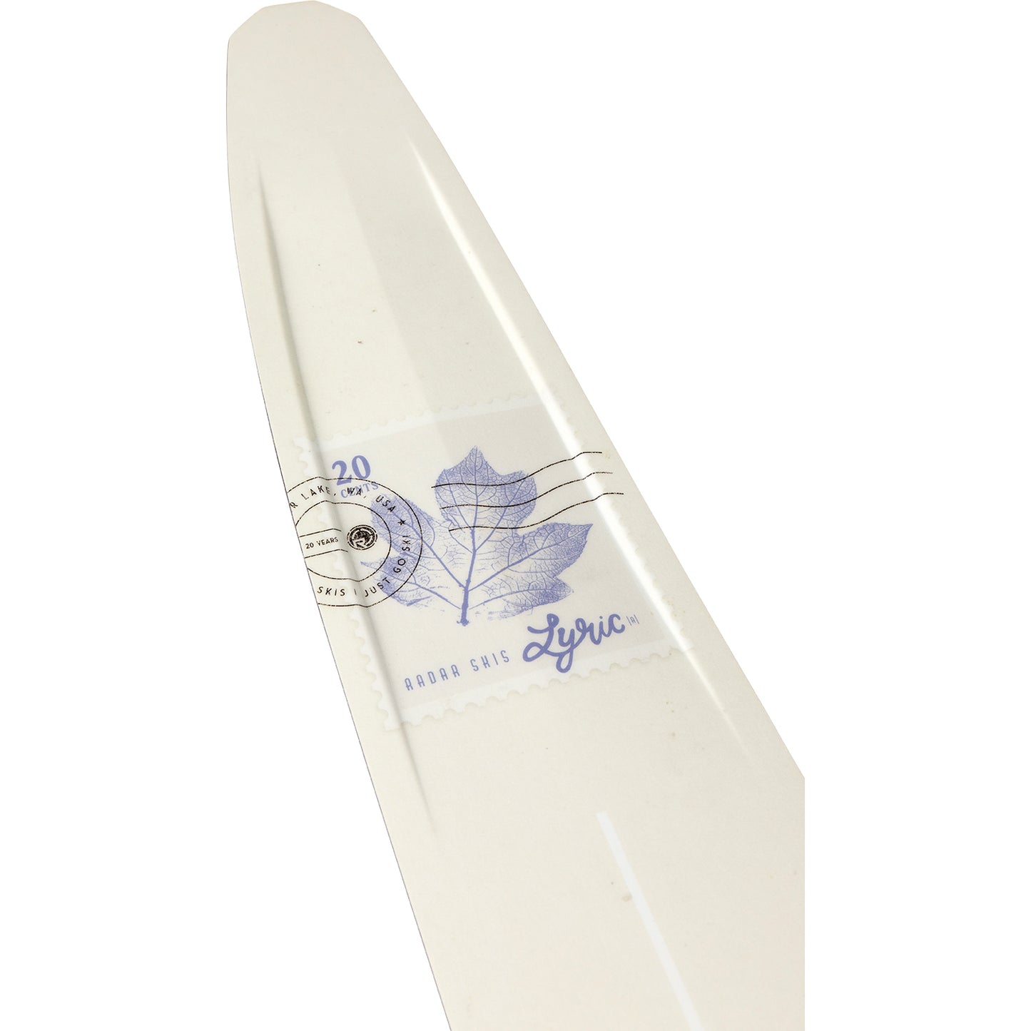 2027 Radar Lyric Alloy slalom ski Recycled White / Violet — topsheet and tip detail