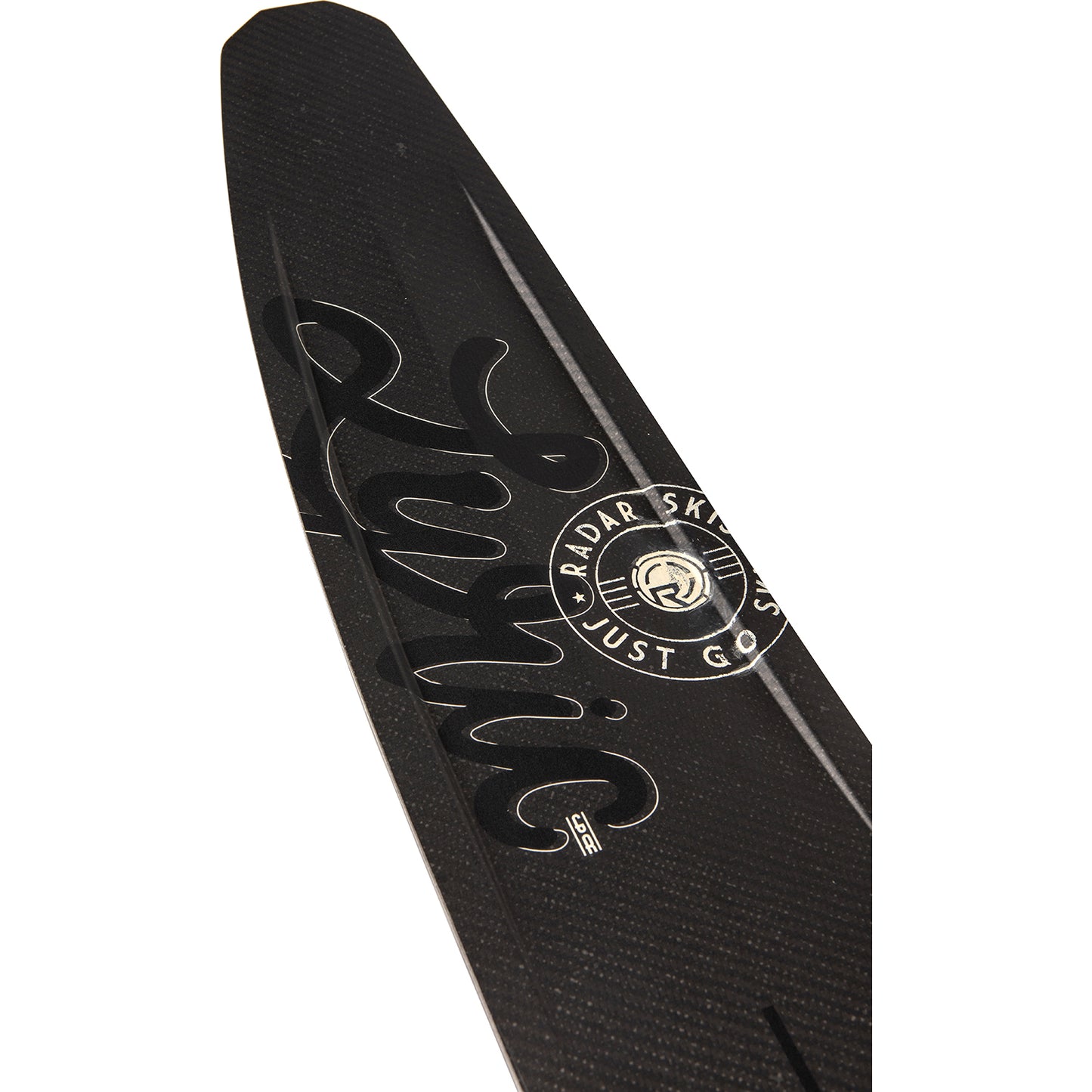 2027 Radar Lyric Graphite slalom ski Carbon / Black — topsheet and tip detail